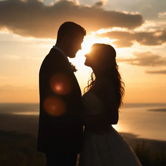 Full-length couple photo in sunset light.
